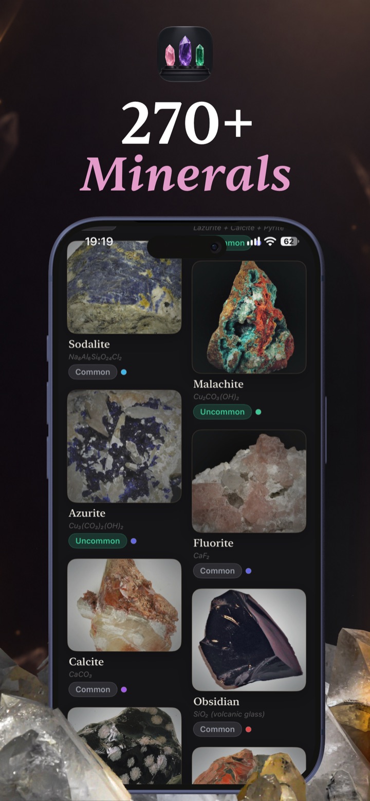 CrystalVault catalog showing real photographs of sodalite, malachite, azurite, fluorite, calcite and obsidian with chemical formulas and rarity labels