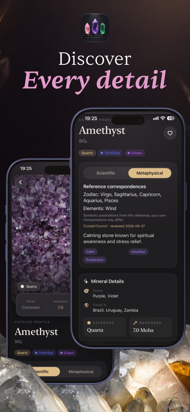 CrystalVault Amethyst profile: SiO2, quartz, third eye and crown chakras, zodiac Virgo, Sagittarius, Capricorn, Aquarius, Pisces, element wind, known for calm, intuition and protection, hardness 7.0 Mohs, found in Brazil, Uruguay and Zambia