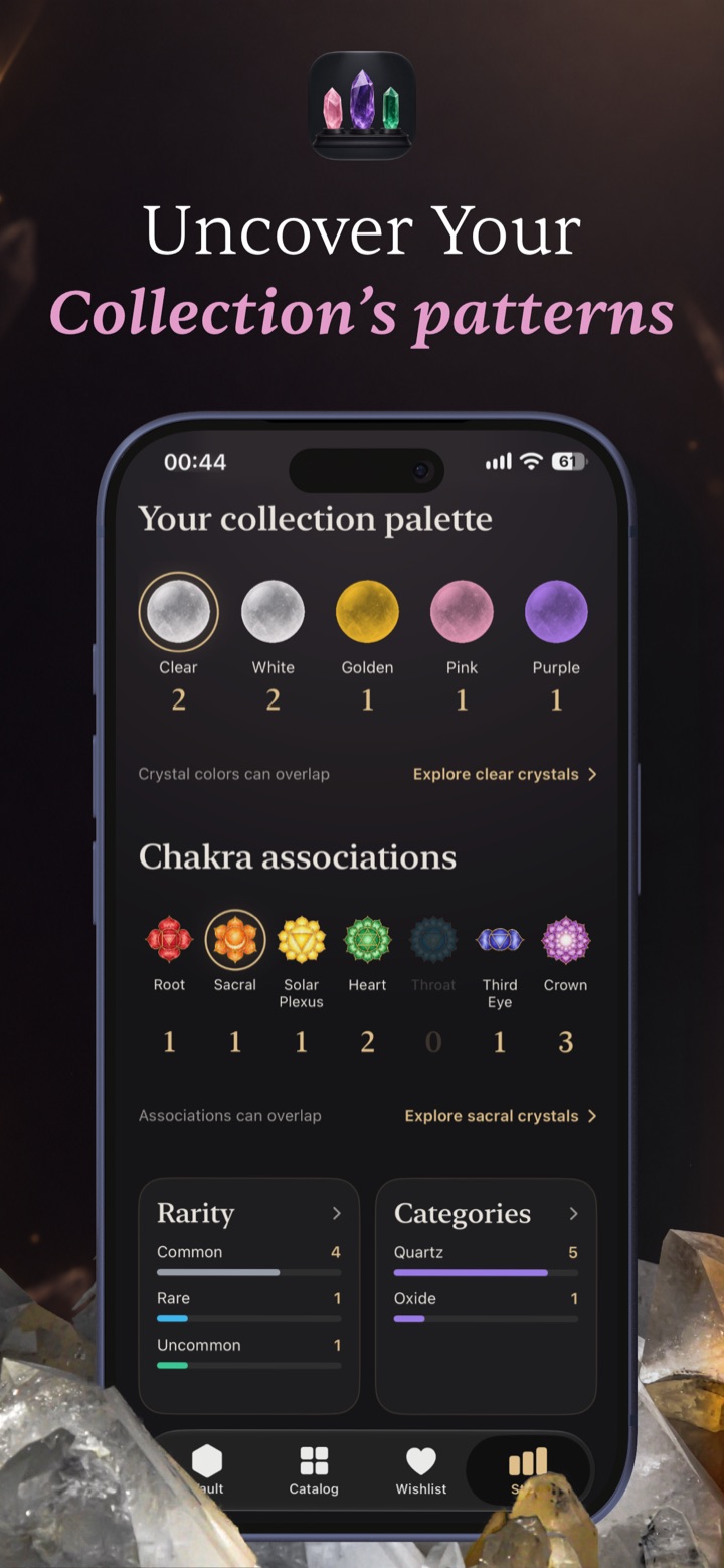 CrystalVault statistics: collection color palette, chakra associations from root to crown, rarity breakdown and category breakdown